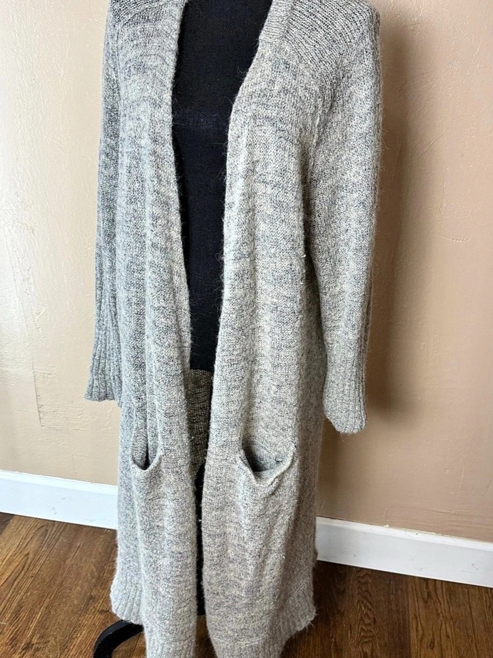 Free People Grey Alpaca Wool Blend Open Front Maxi Duster Cardigan Pockets